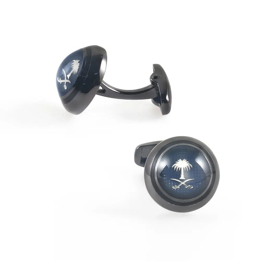 Wholesale Custom Round Coconut Tree Pattern French Enamel Cuff Link Black