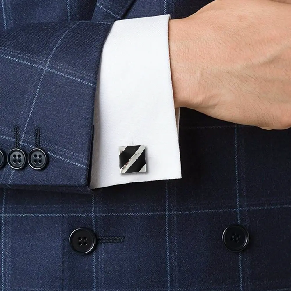ODM JINJIE Best Selling Brass Square Black & Silver Striped French Unique Mens Cufflinks Jewelry Wholesale CC81125 Factory, Company
