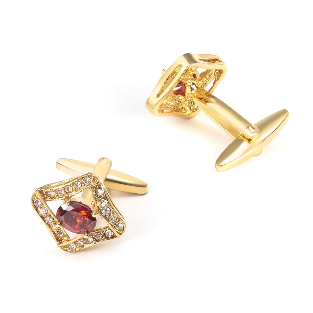 Custom Luxury High Quality 18K Gold Plated Red Stone Zircon Brass Cuff links For Men CS0058-G Suppliers, Company