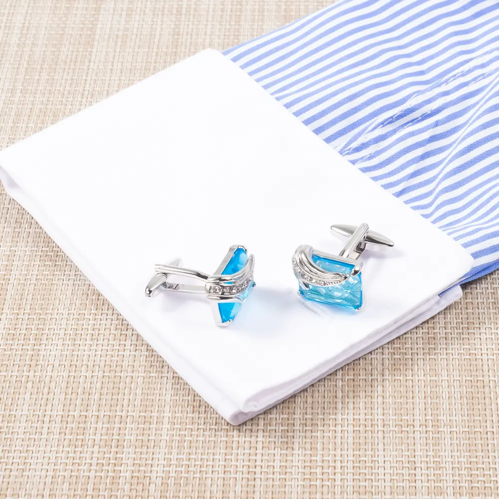 Wholesale Silver & Blue Gemstone Elegant Cufflinks Custom Wedding Tuxedo Shirt Cuff link CS0095-4
