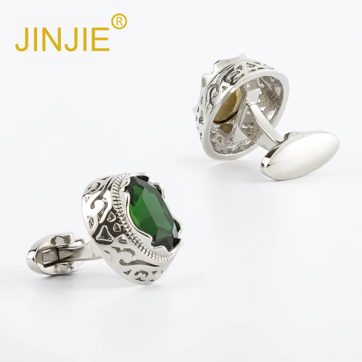 OEM French Luxury High-grade Hollow Metal Green Zircon Diamond Men's Suit Cufflinks Accessories CSW0040-Green Factories, Exporter