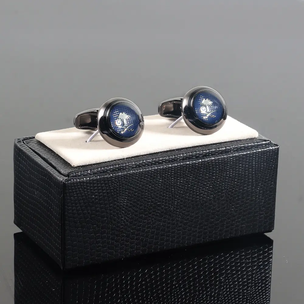 Wholesale Custom Round Coconut Tree Pattern French Enamel Cuff Link Black