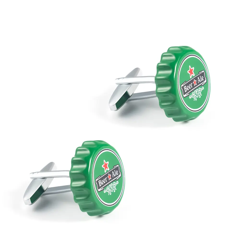 Wholesale Factory Design Funny Novelty Copper Men Jewelry Green Color Beer Cap Cufflinks for Men CC0323 Supplier, Exporter