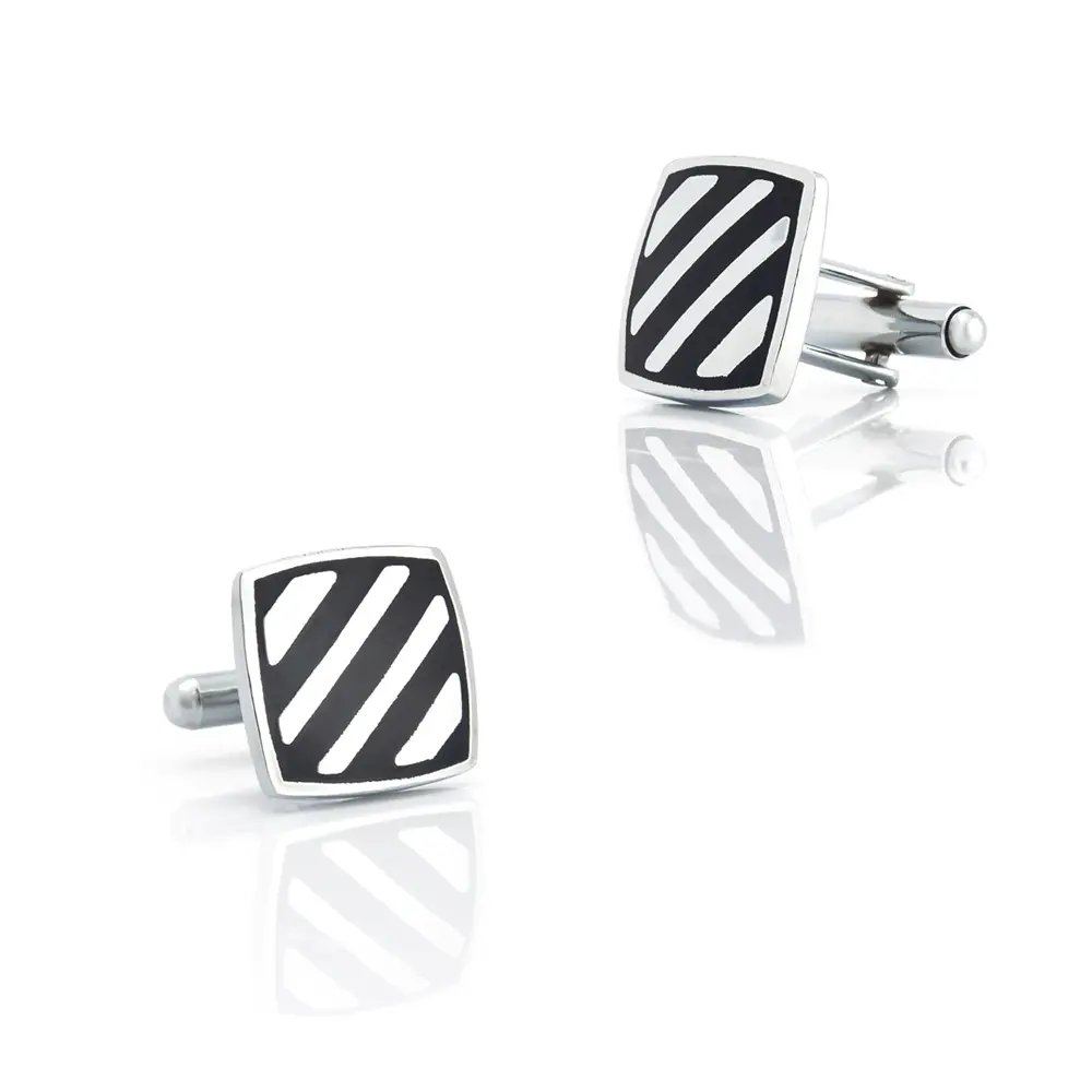 ODM Cufflinks Factory Low Price Black & Silver Striped Twill Drop Oil Square Cufflinks CC-Q079 Factory, Factories