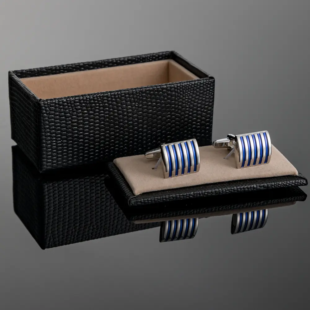 ODM Factory In Stock Classic Blue Stripe Silver Cufflinks Mens Business Wholesale CC0305-S2 Suppliers, Factory