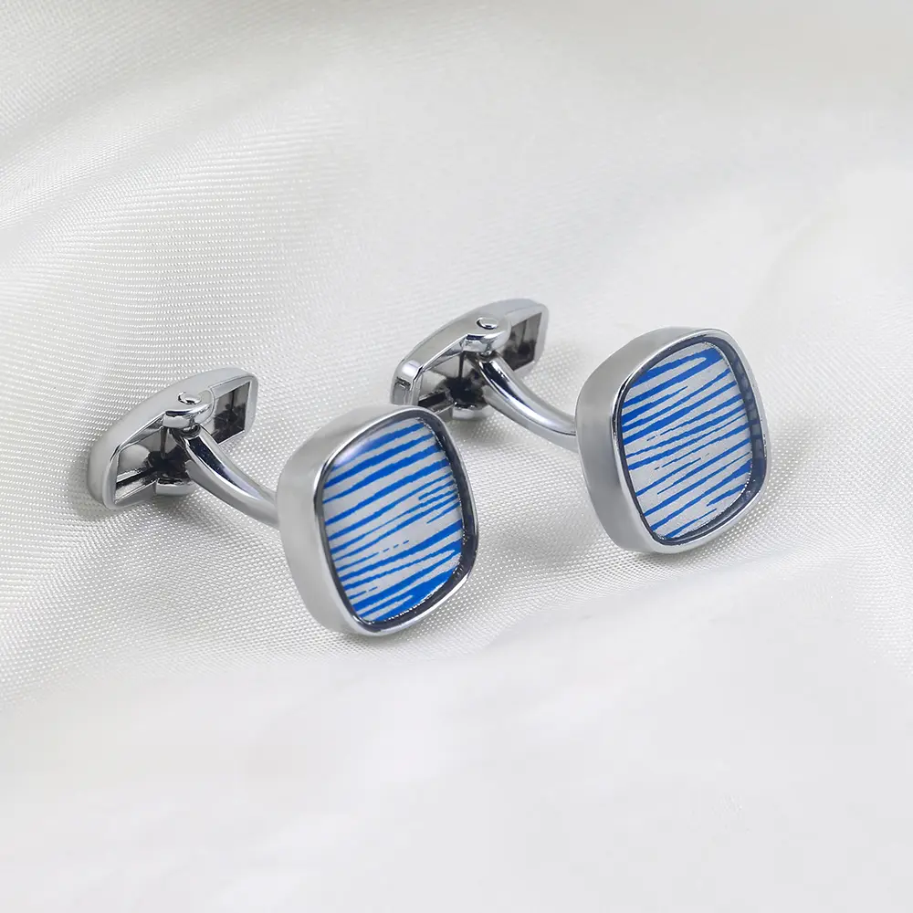 Custom Low Price Mens Classic Blue Striped Square Cufflinks Shirt Tuxedo Cuffs Accessories Supplier, Factory