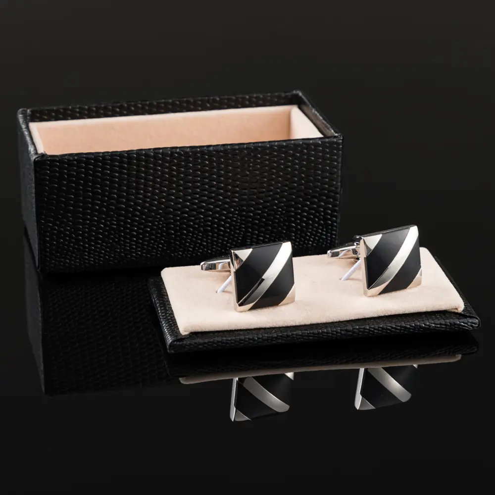 ODM JINJIE Best Selling Brass Square Black & Silver Striped French Unique Mens Cufflinks Jewelry Wholesale CC81125 Factory, Company