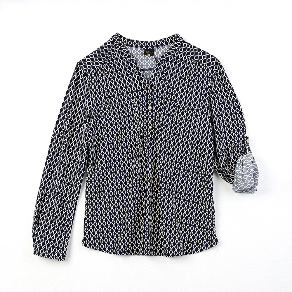 China Women's round neck half placket long sleeve full print blouse Manufacturers, Factory