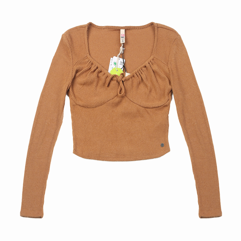 China Lenzing Viscose women’s long sleeve rib brushed knotted collar crop top Manufacturer, Supplier