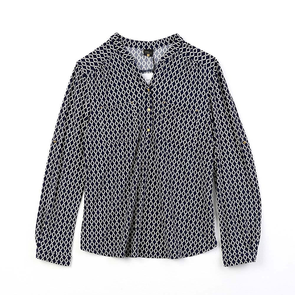 China Women's round neck half placket long sleeve full print blouse Manufacturers, Factory