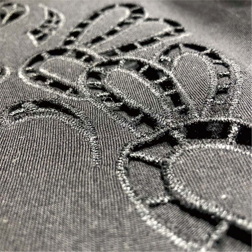 Embroidery technique on garment showing detailed stitching and logo embroidery capabilities