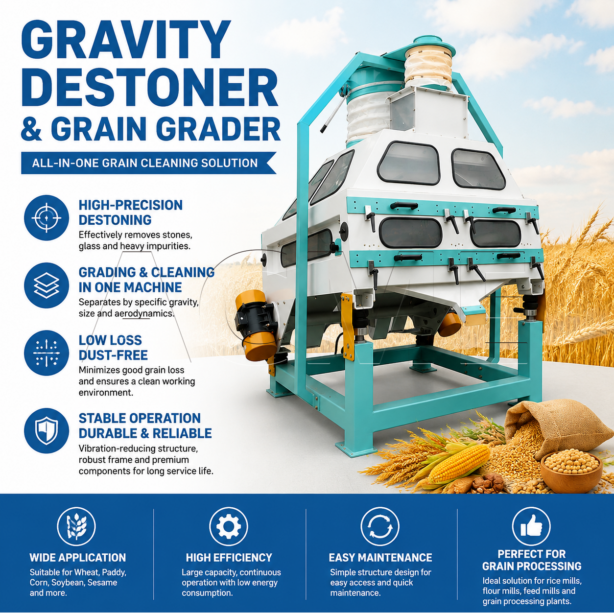 Specific Gravity Grain Destoner Reinforced Spring Support Stable Vibration Amplitude Not Easy to Fatigue Damage OEM Supply
