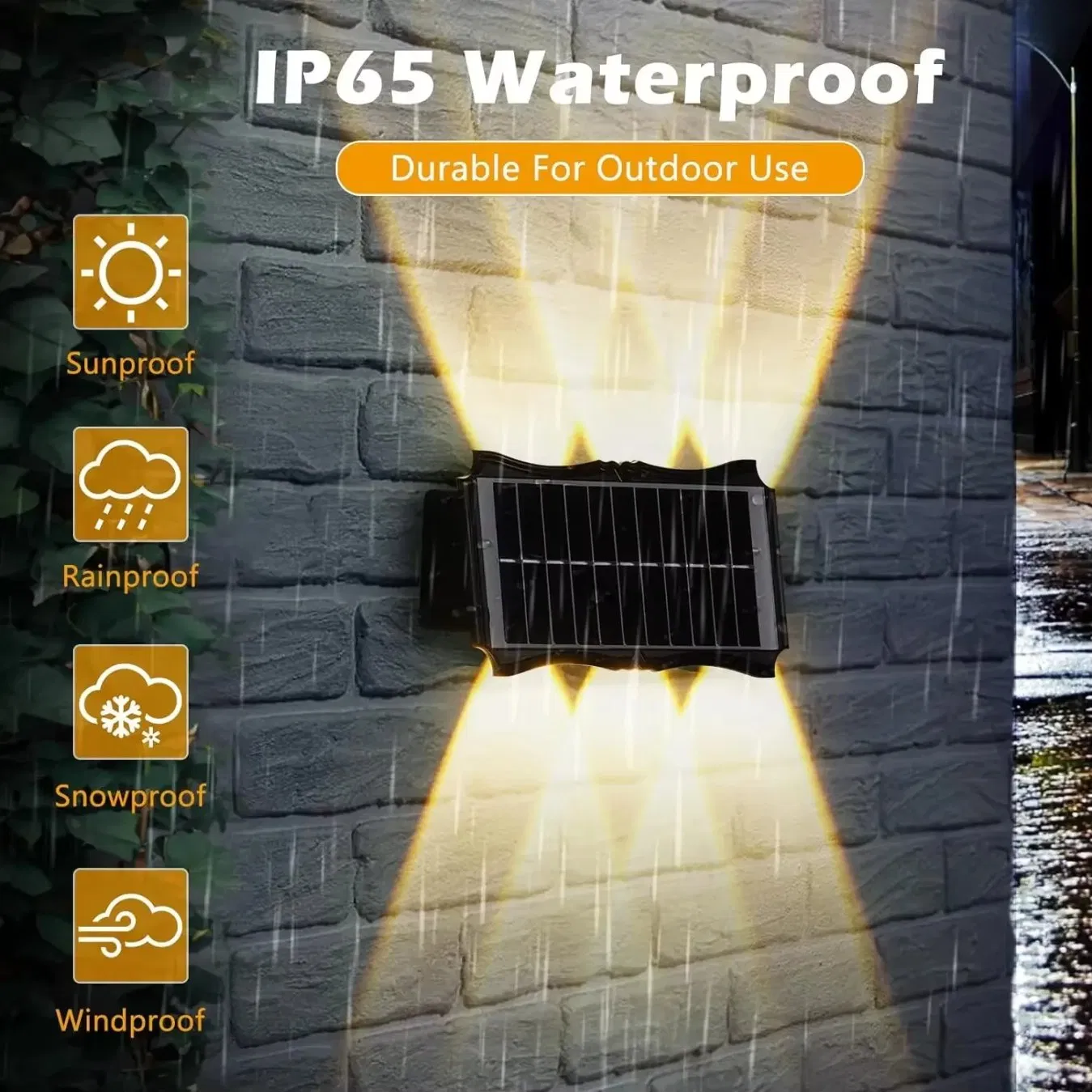 ضوء حائط LED شمسي خارجي مقاوم للماء IP65 للمدخل والفناء والسلم والحديقة مع ميزات إضاءة علوية وسفلية