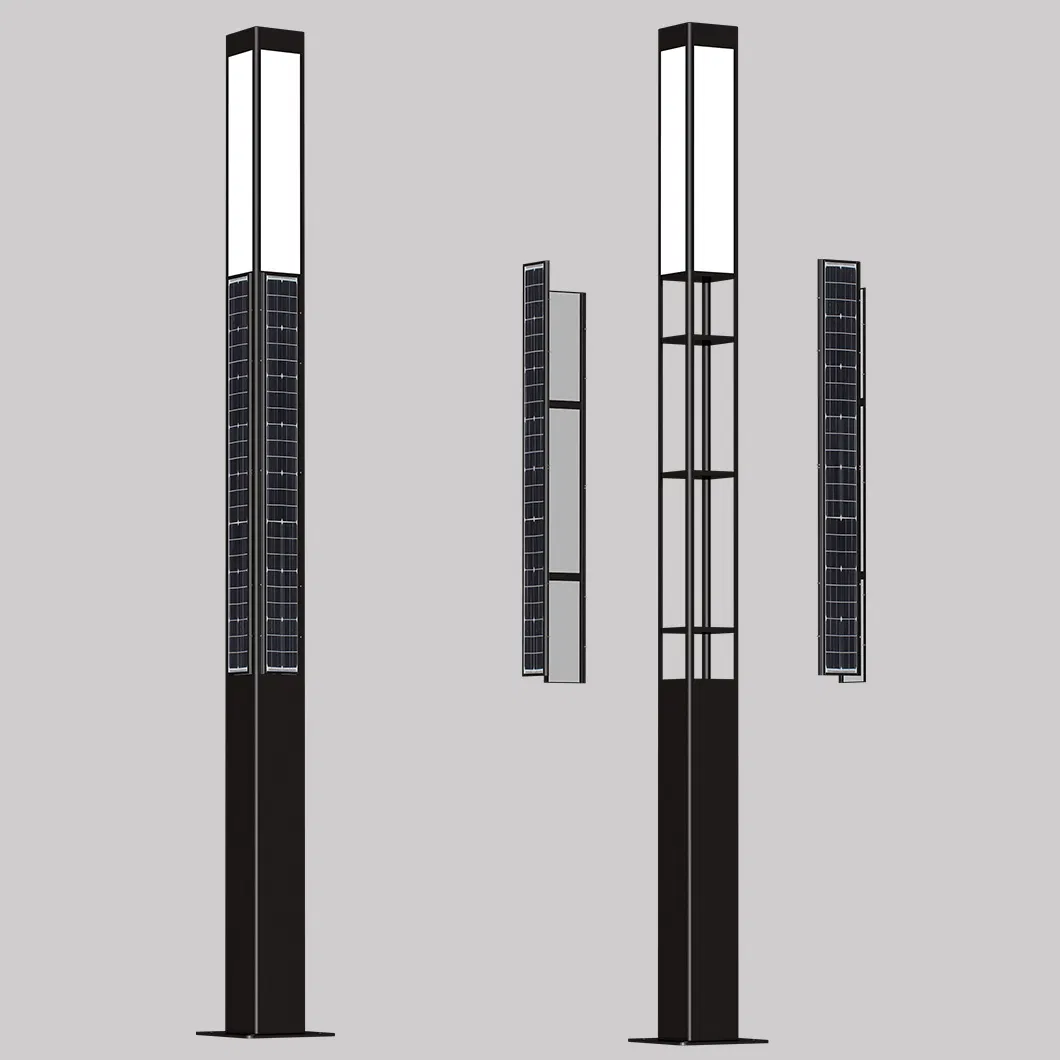 4-Sided ضوء حديقة مدمج مع لوحة شمسية عمودية 3m 4m عمود ضوء شمسي IP65 ضوء حديقة LED شمسي خارجي