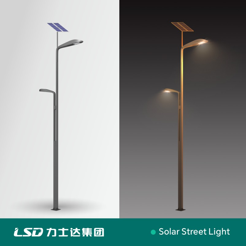 اتجاه جديد ضوء الشارع الشمسي LED مزدوج الذراع IP65 مقاوم للماء مع لوحة شمسية من السيليكون أحادي البلورة 50W لتوليد 150W الطاقة لعمود مصباح الطريق والحديقة والعشب