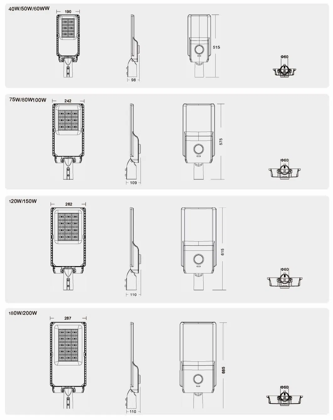 أبعاد مصباح الشارع LED