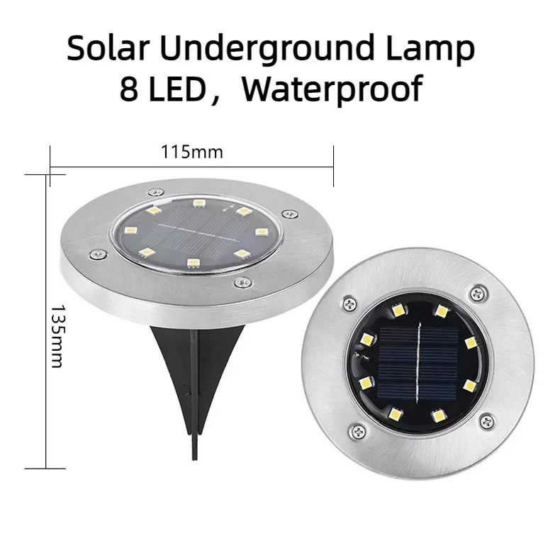8LED أضواء أرضية تعمل بالطاقة الشمسية LED ضوء تحت الأرض خارجي ساطع مقاوم للماء حديقة ممر عشب ضوء من الفولاذ المقاوم للصدأ