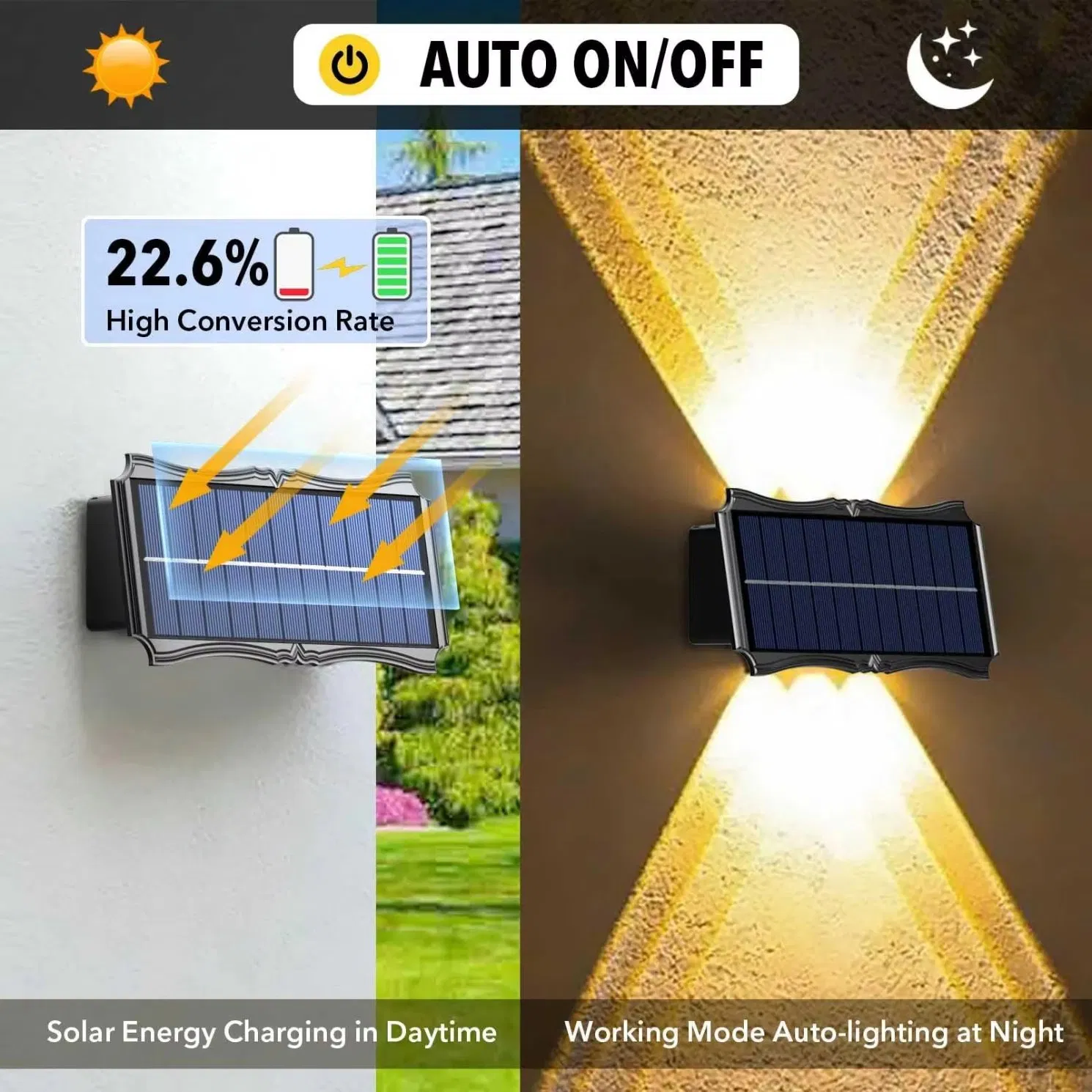 ضوء حائط LED شمسي خارجي مقاوم للماء IP65 للمدخل والفناء والسلم والحديقة مع ميزات إضاءة علوية وسفلية