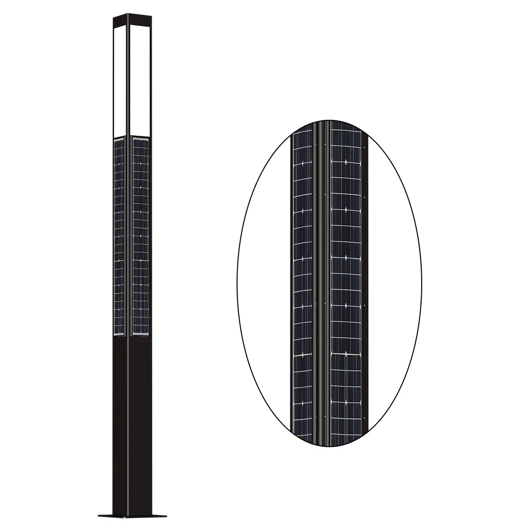 4-Sided ضوء حديقة مدمج مع لوحة شمسية عمودية 3m 4m عمود ضوء شمسي IP65 ضوء حديقة LED شمسي خارجي