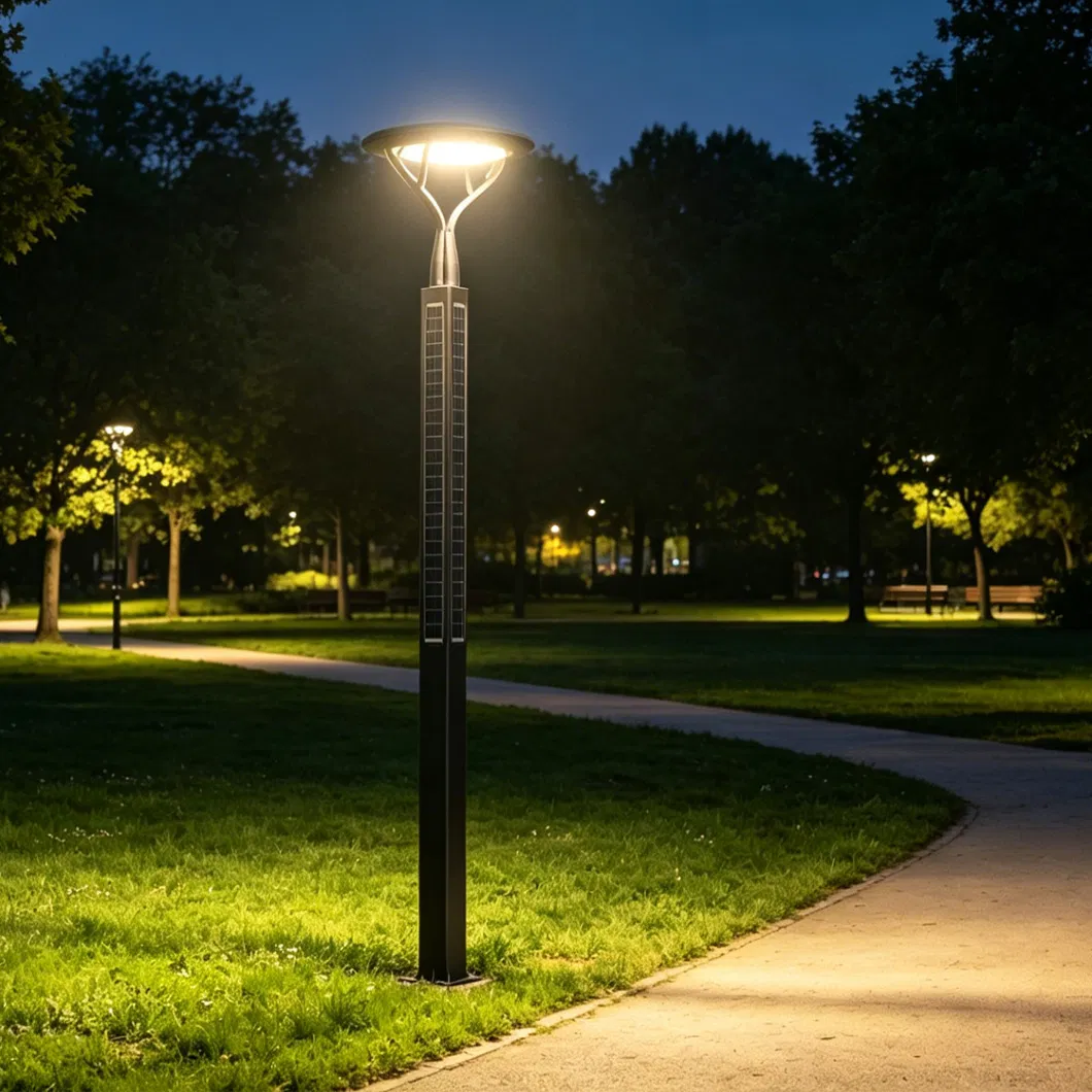 ضوء حديقة شمسية عمودي زخرفي 360° برج شمسي Q235+Aluminum بناء IP65 3m 4m 5m 6m مصباح حديقة LED شمسي