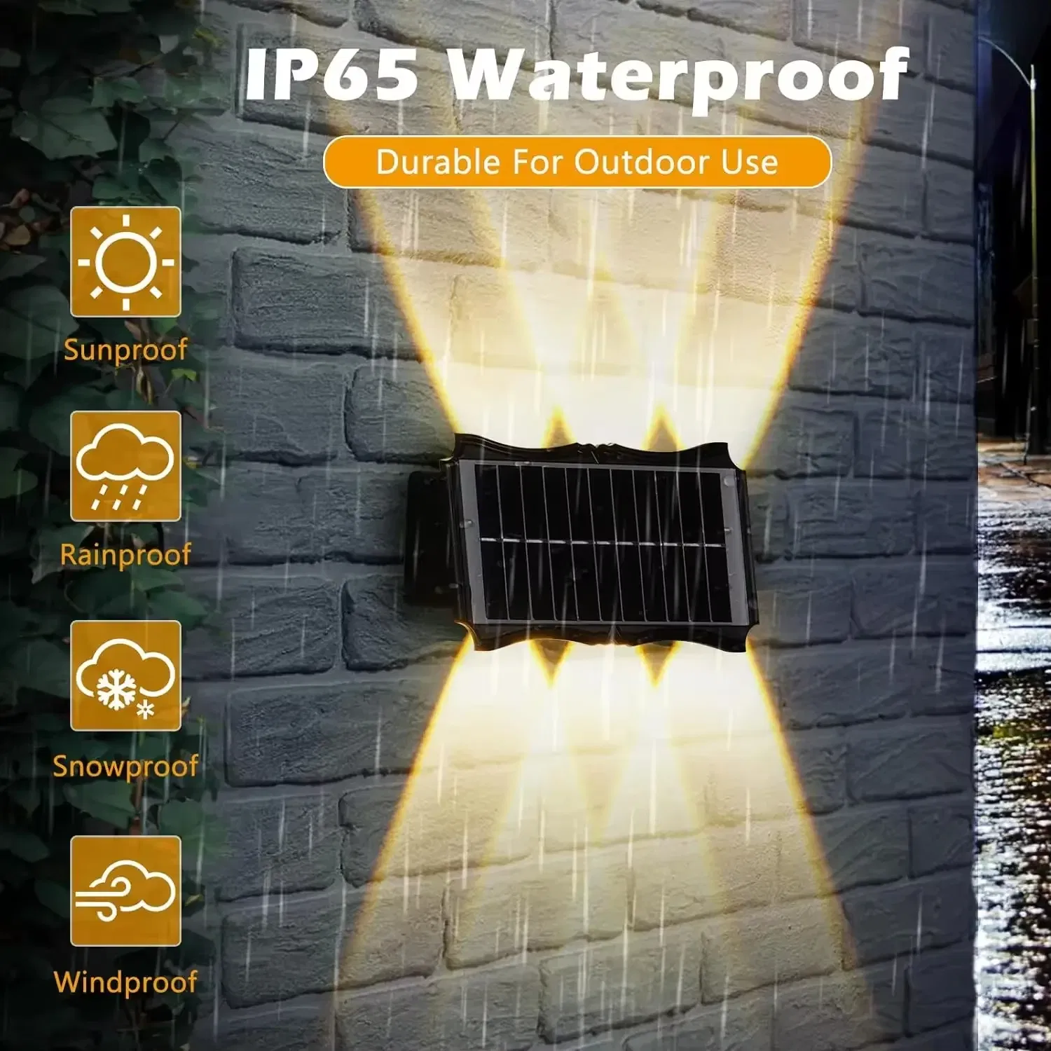 ضوء حائط LED شمسي خارجي مقاوم للماء IP65 للمدخل والفناء والسلم والحديقة مع ميزات إضاءة علوية وسفلية