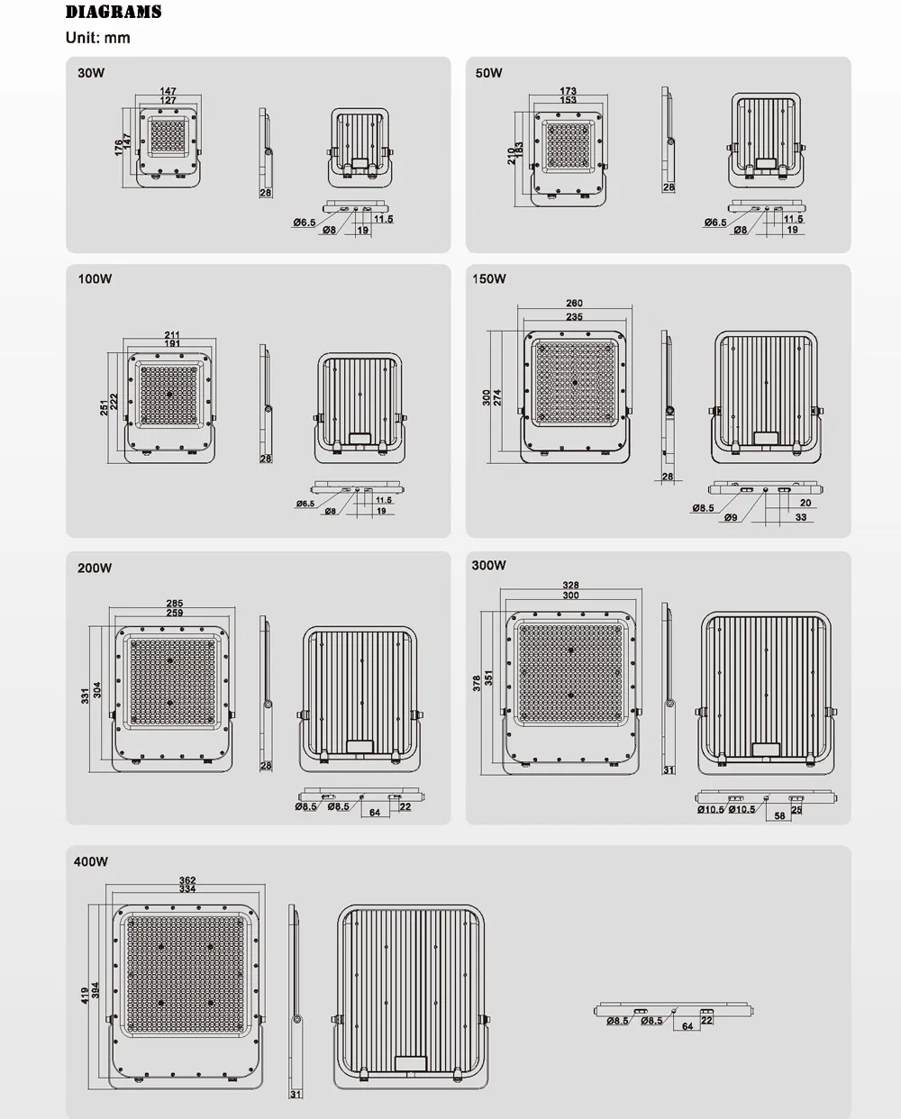 IP67 Ik08 ضوء AC100-265V 300W LED للفيضانات للإضاءة الخارجية لملعب الحدائق المناظر الطبيعية ملعب التنس إضاءة الفناء