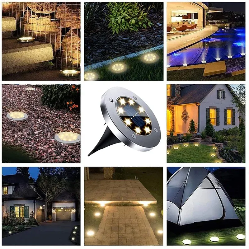 8LED أضواء أرضية تعمل بالطاقة الشمسية LED ضوء تحت الأرض خارجي ساطع مقاوم للماء حديقة ممر عشب ضوء من الفولاذ المقاوم للصدأ