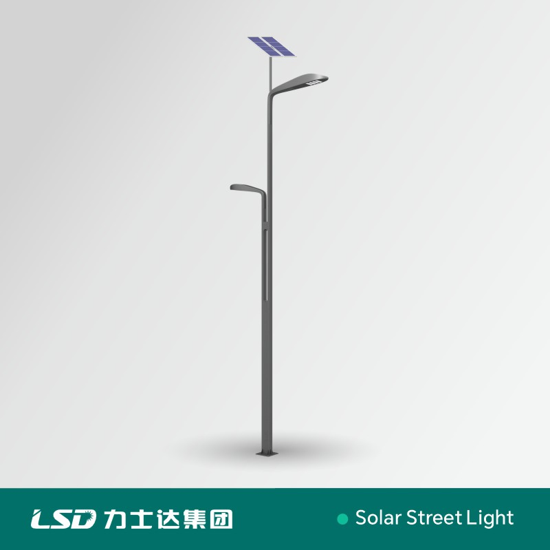 اتجاه جديد ضوء الشارع الشمسي LED مزدوج الذراع IP65 مقاوم للماء مع لوحة شمسية من السيليكون أحادي البلورة 50W لتوليد 150W الطاقة لعمود مصباح الطريق والحديقة والعشب
