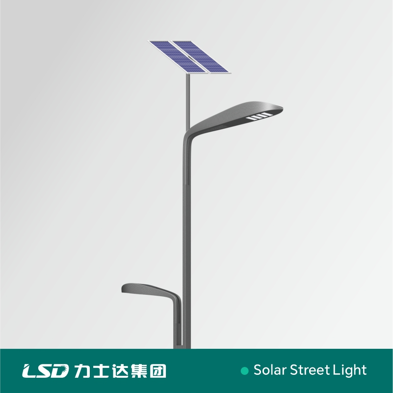 اتجاه جديد ضوء الشارع الشمسي LED مزدوج الذراع IP65 مقاوم للماء مع لوحة شمسية من السيليكون أحادي البلورة 50W لتوليد 150W الطاقة لعمود مصباح الطريق والحديقة والعشب