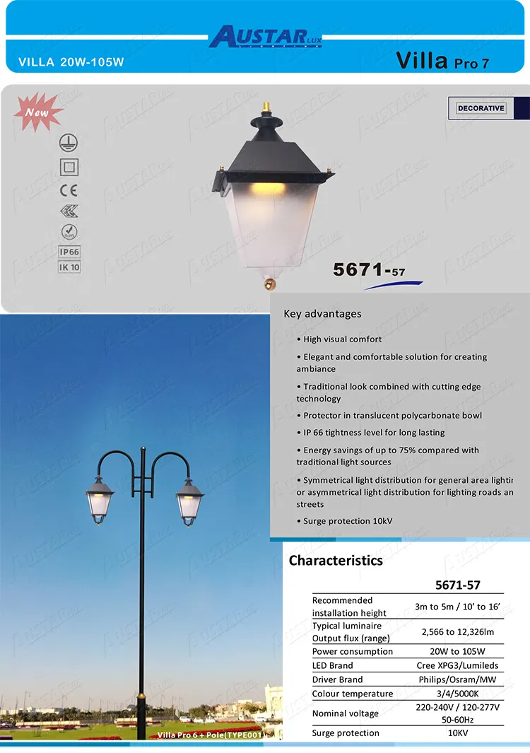 فانوس LED خارجي نموذج فيلا PRO إسبانيا إضاءة حديقة مضاءة عامة مصباح موقف سيارات إضاءة مسارات الدراجات والمشاة إضاءة عامة