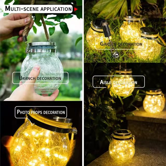 زجاجة مضادة للماء مزودة بأضواء خرافية محمولة للحديقة في الهواء الطلق، ضوء LED زخرفي يعمل بالطاقة الشمسية، مصباح معلق من زجاج مكسور