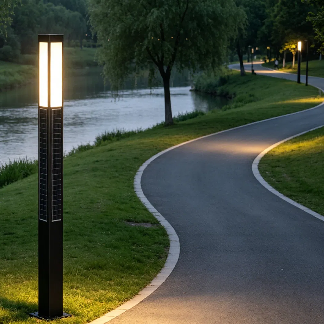 4-Sided ضوء حديقة مدمج مع لوحة شمسية عمودية 3m 4m عمود ضوء شمسي IP65 ضوء حديقة LED شمسي خارجي