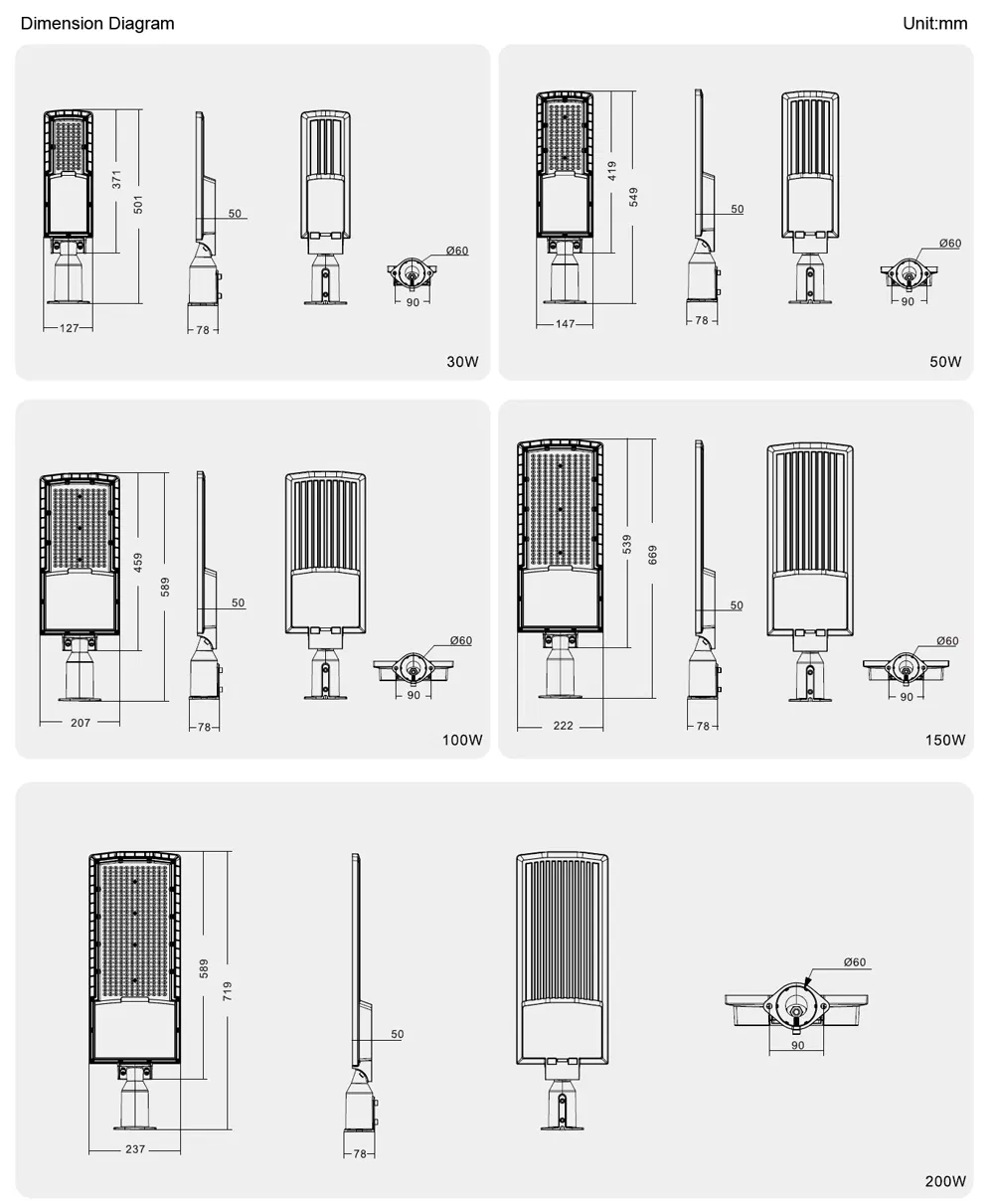 Ik10 100W مصباح شارع LED للإضاءة العامة في الحدائق الخارجية والطرق الرئيسية الحضرية