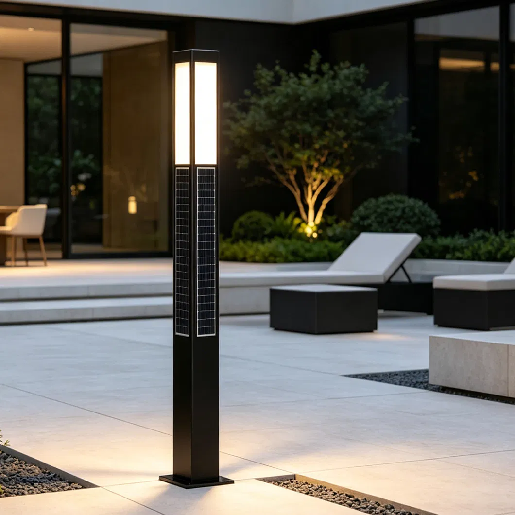 4-Sided ضوء حديقة مدمج مع لوحة شمسية عمودية 3m 4m عمود ضوء شمسي IP65 ضوء حديقة LED شمسي خارجي