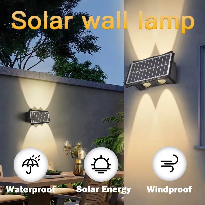 ضوء حائط LED شمسي خارجي مقاوم للماء IP65 للمدخل والفناء والسلم والحديقة مع ميزات إضاءة علوية وسفلية