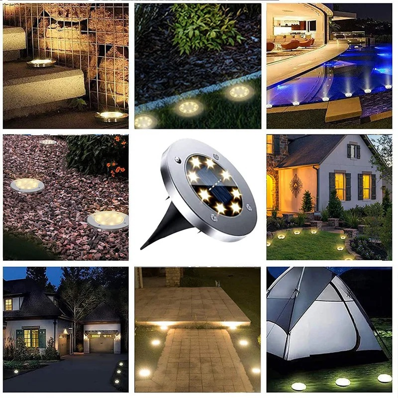 8LED أضواء أرضية تعمل بالطاقة الشمسية LED ضوء تحت الأرض خارجي ساطع مقاوم للماء حديقة ممر عشب ضوء من الفولاذ المقاوم للصدأ