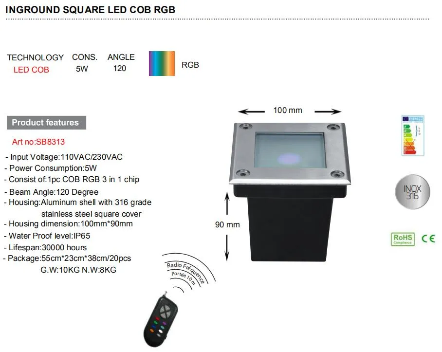إضاءة حديقة LED مربعة من البلاستيك 220V 11W COB LED RGB (Sb8313-11W)