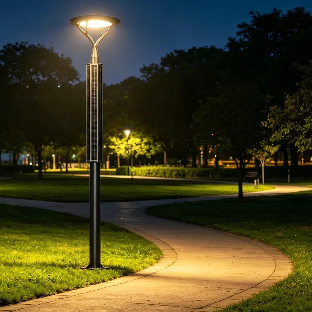 ضوء حديقة شمسية عمودي زخرفي 360° برج شمسي Q235+Aluminum بناء IP65 3m 4m 5m 6m مصباح حديقة LED شمسي