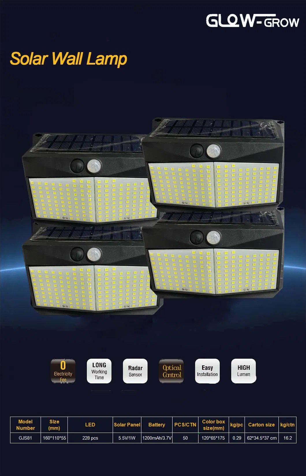 ضوء حائط LED يعمل بالطاقة الشمسية مقاوم للماء باللون الأبيض الدافئ للاستخدام في الحديقة 3000K IP65