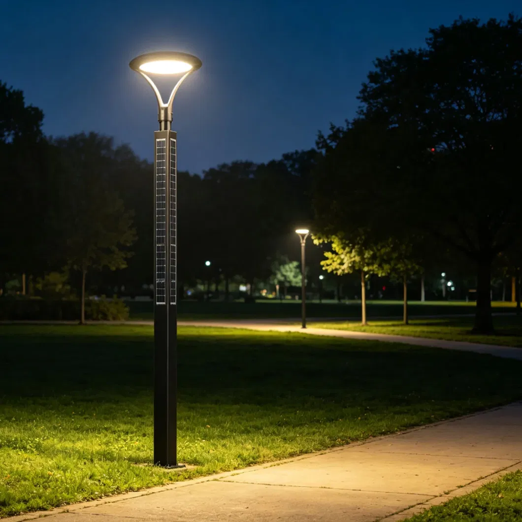 ضوء حديقة شمسية عمودي زخرفي 360° برج شمسي Q235+Aluminum بناء IP65 3m 4m 5m 6m مصباح حديقة LED شمسي