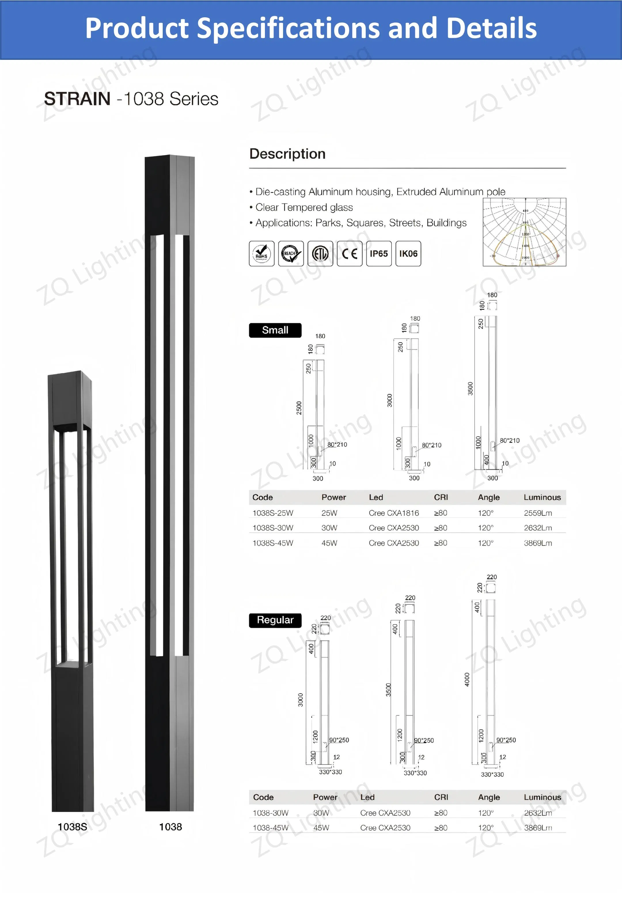 بيع ساخن ضوء LED OEM ضوء حديقة LED مع IP66 مقاوم للماء CE RoHS إضاءة شمسية خارجية عمود ضوء بولارد ضوء قمة عمود LED مصباح حديقة 25W 30W 50W 60W