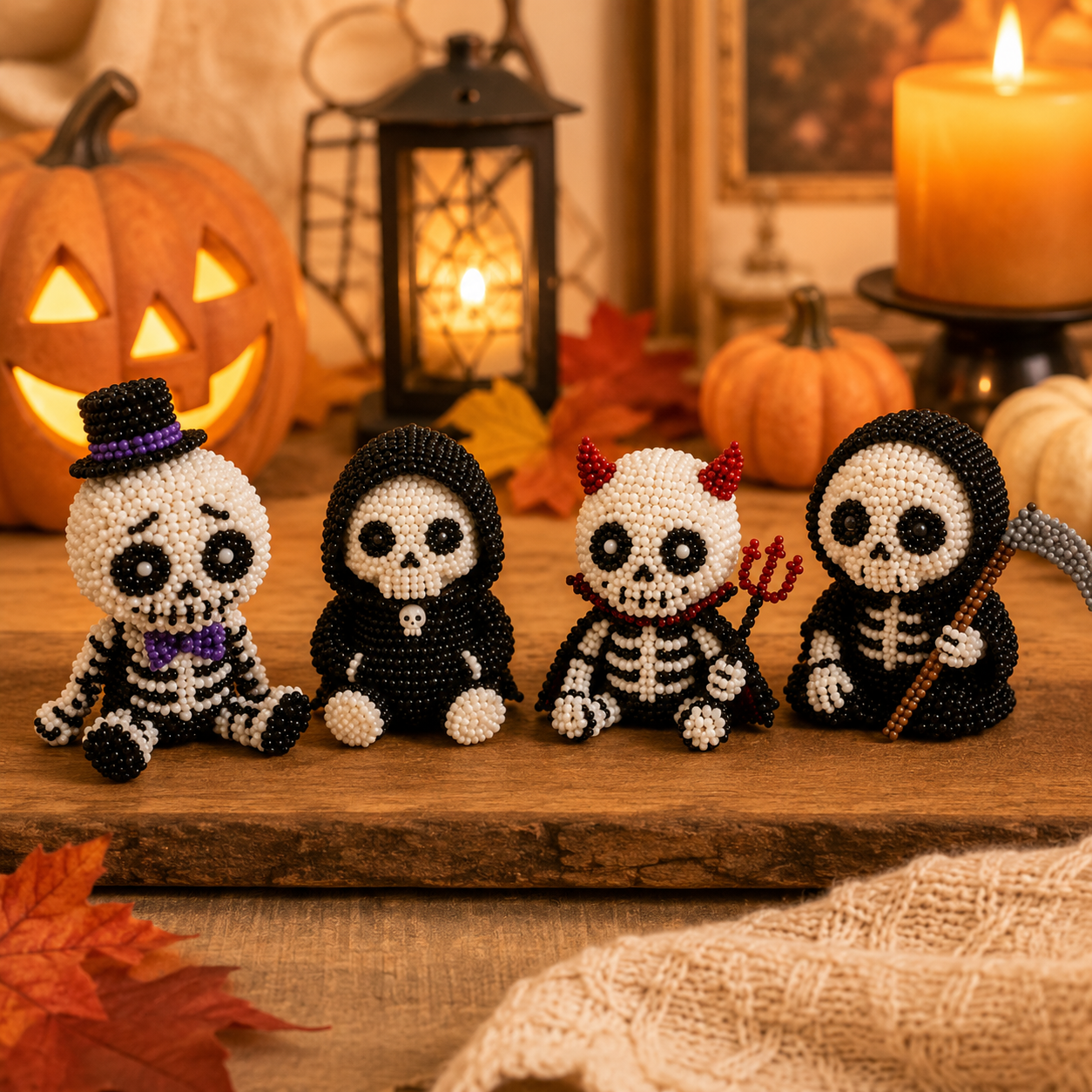 Halloween Bead Art DIY Kit 4-Piece Cute Character Craft Set for Holiday Decoration