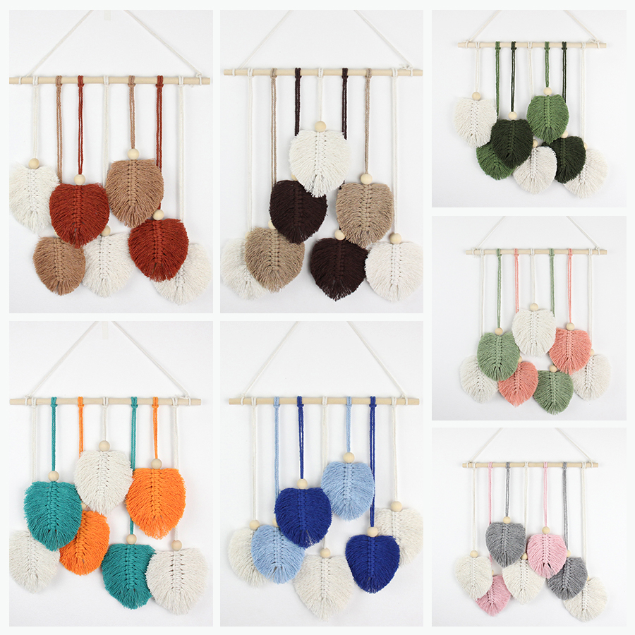 Handmade Macrame Kit Wooden Beads Sticks DIY Leaf Tapestry for Wall Hang Knitting Tutorial for Beginners Home Craft Supplies