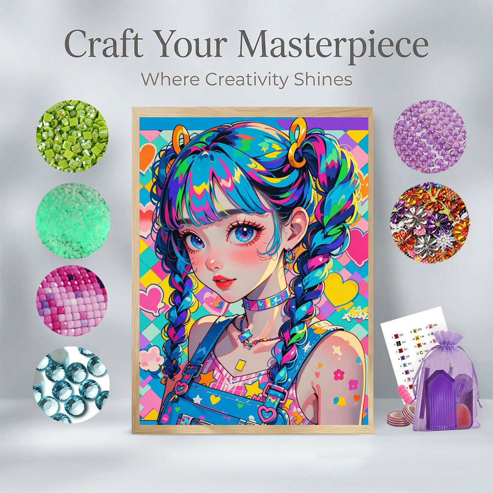 5D DIY Diamond Painting Kit Anime Girl Full Drill Neon Rainbow Hair Cartoon Girl Diamond Art DIY Mosaic Painting for Home Decor