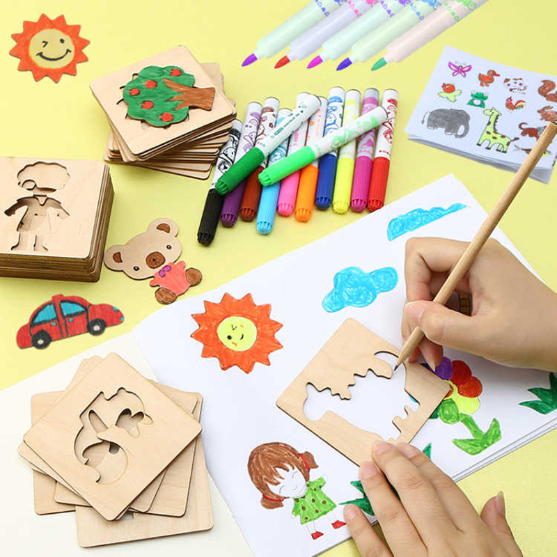 DIY Wooden Painting Template Set Kids Educational Craft Kits with Cut Tool for Graffiti Art Wood Crafts Wooden Boxes Wall Signs