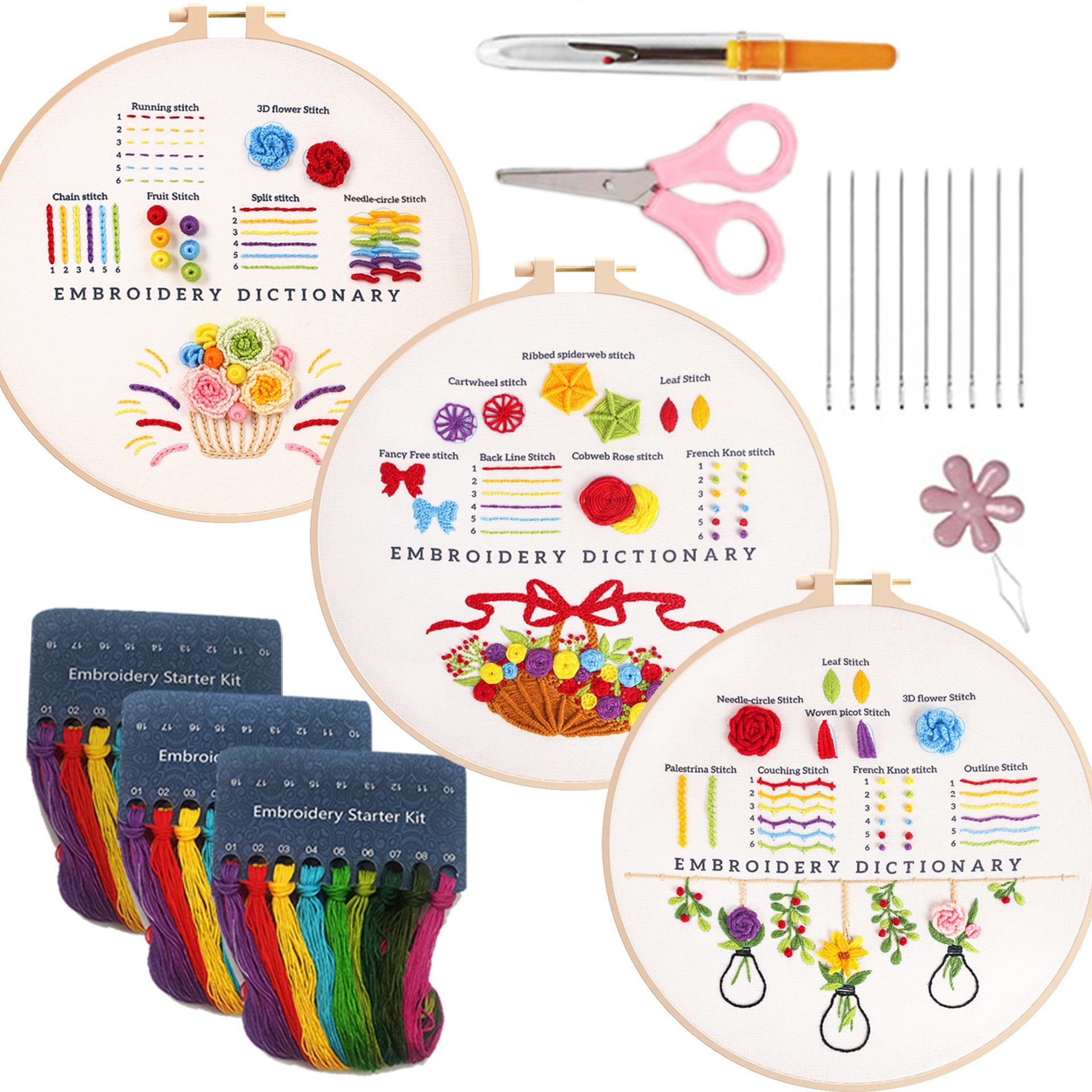 3 Pack Adults DIY Starter Art Craft Kit Basic Easy Punch Needle Embroidery Hoop Kits for Beginner