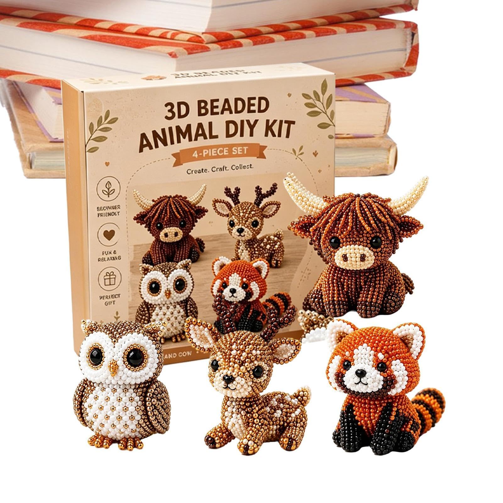 Highland Cow DIY Animal Beading Kit 3D Beaded Animal Craft Set Owl Deer Red Panda Handmade Bead Art Toy for Kids Adults Gift