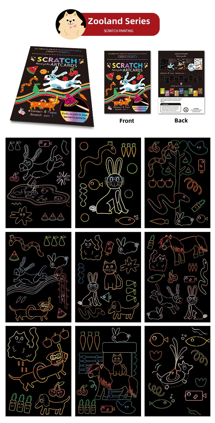 Zolland 9-Piece Black Scratch Art Paper Set Rainbow Magic Kids Craft Kit With Wooden Stylus for Drawing Toys and Education