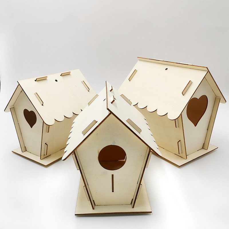 Popular Children DIY Natural Wood 3D Crafts Bird House Kit Assembly Incomplete Paintable Brush Graffiti
