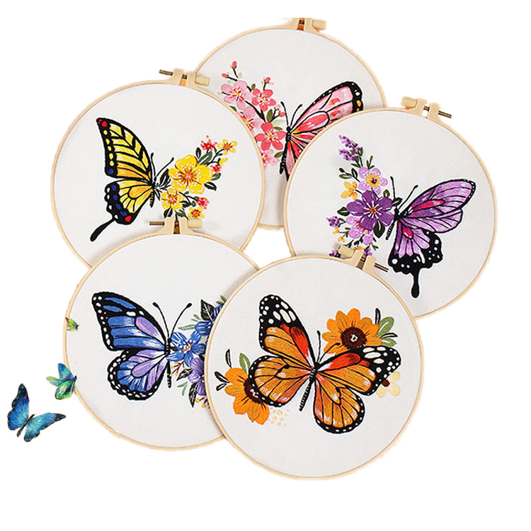 DIY Butterfly Flower Embroidery Kit for Adults Beginners-20x20cm Handmade Soft Cotton Stitch Practice Craft Set for Home Decor